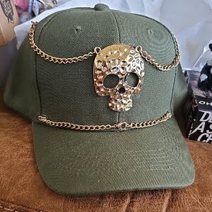 H015. Green Cap with Gold Skull Chain